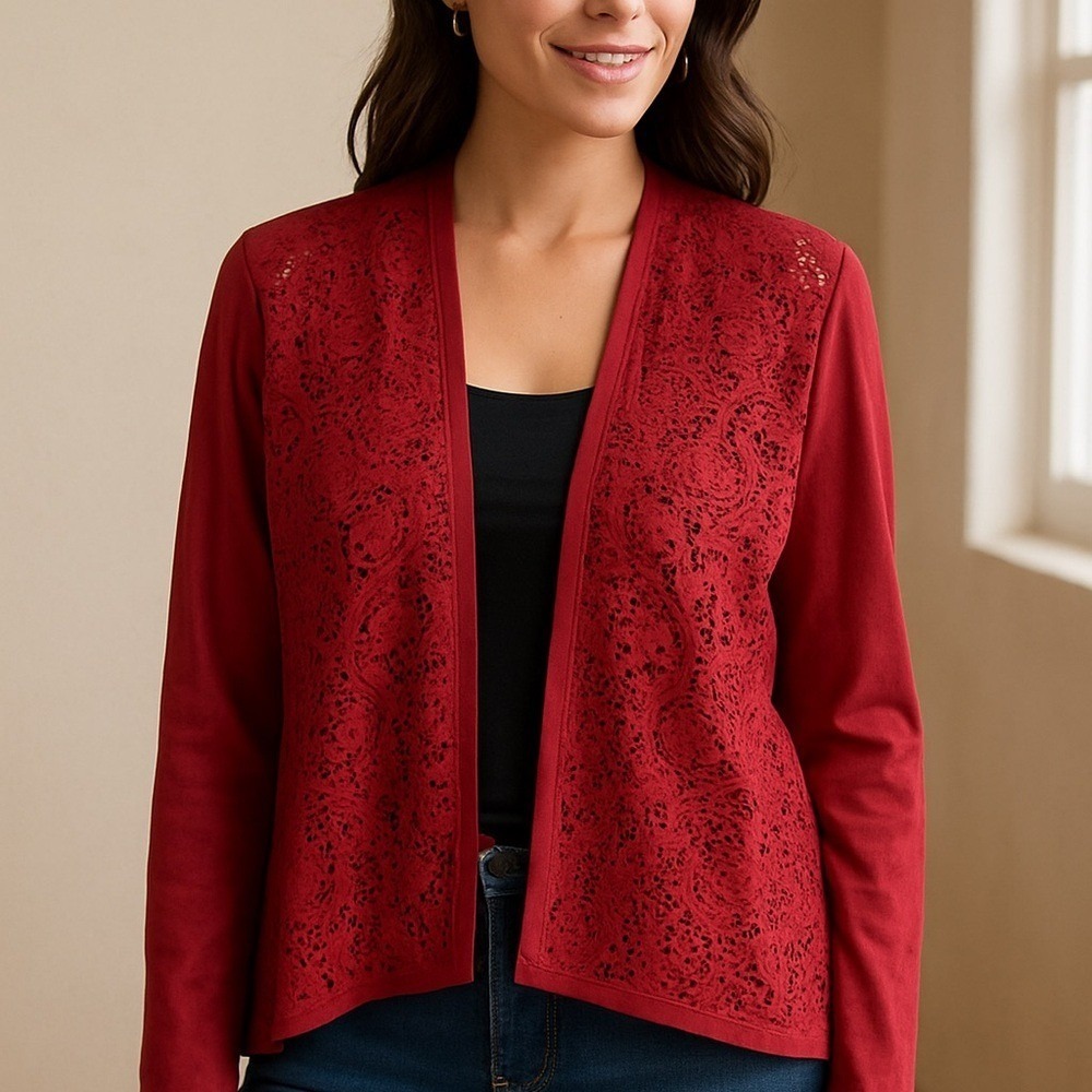 Erin London Laser Cut Faux Suede Open Front Jacket – Red | Size 8, faux suede